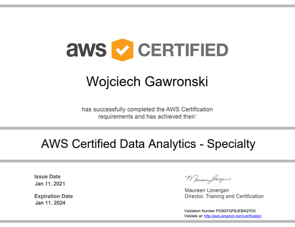 Image of my AWS Certified Data Analytics - Specialty Certificate