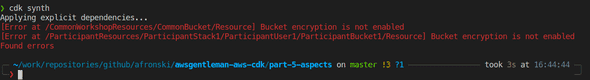 Resulting error after applying aspect without adding the S3 bucket encryption.