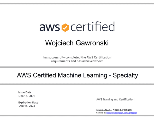 Image of my AWS Certified Machine Learning - Specialty Certificate